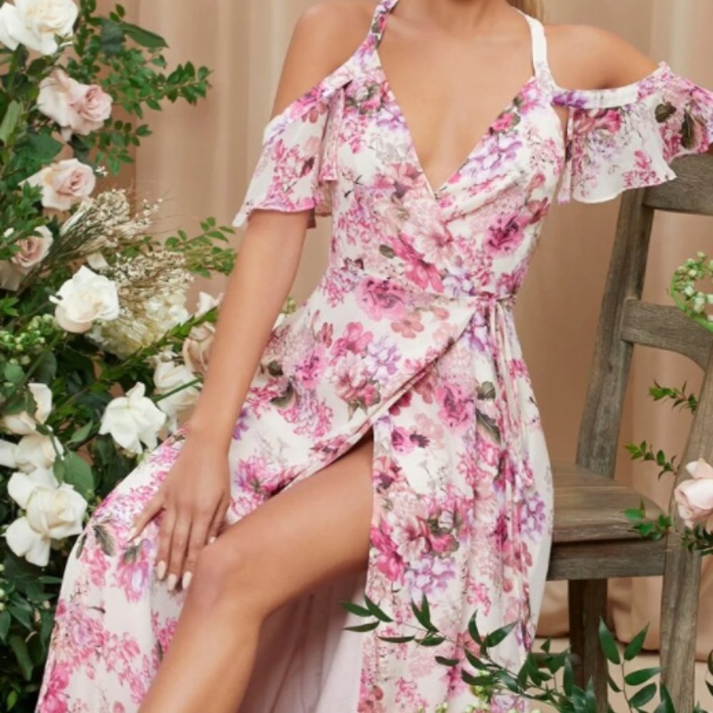 **HP** Cold Shoulder Wrap Tie Side Floral Dress